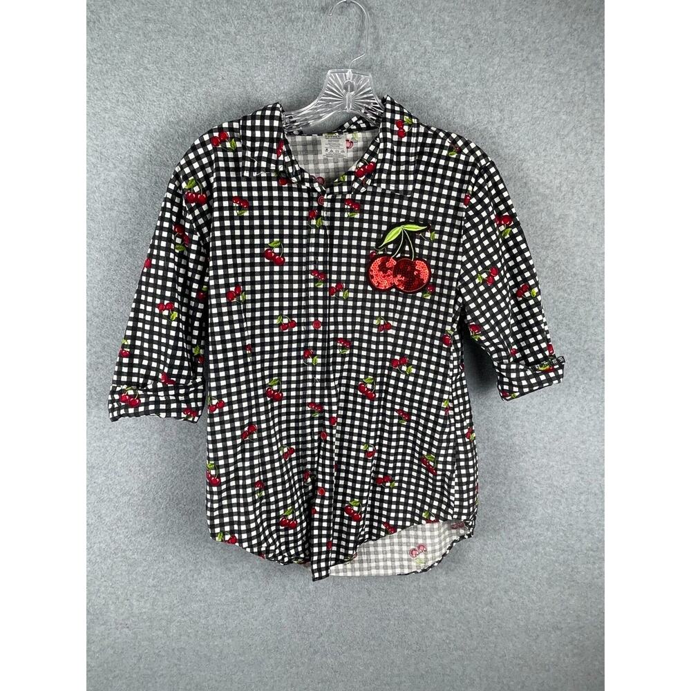 Spirit Halloween Women's Top Size M Black‎ White Check Cherry Print